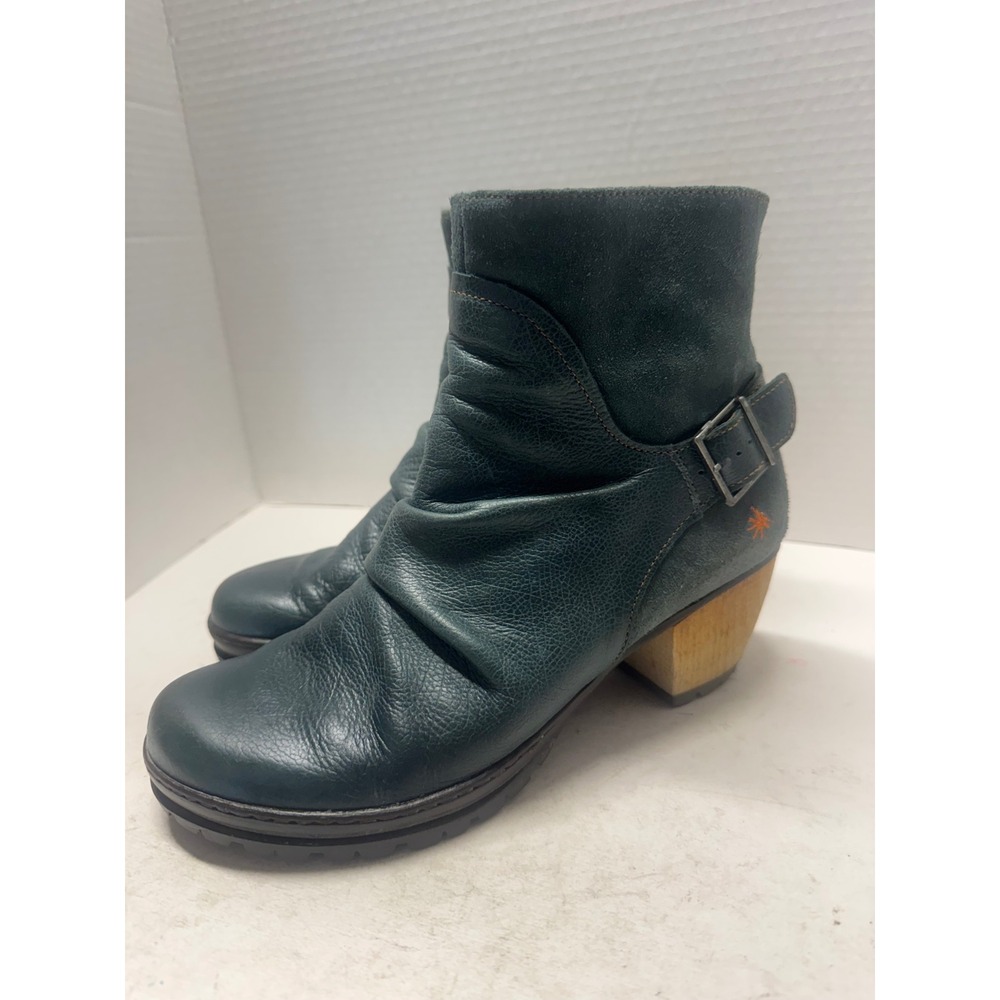 The Art Company Teal Leather Slouch Ankle Boots Wood Block Heel Spain 8.5 39 516